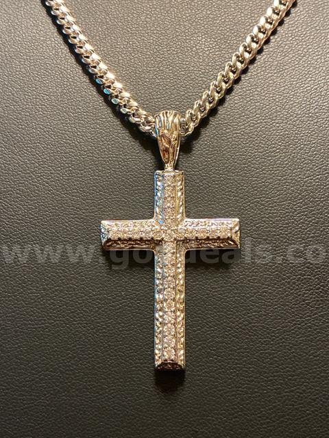 Gorgeous, Rhodium Clad (Silver) 23” Cuban Link Necklace W Iced Out CZ Cross Pendant.