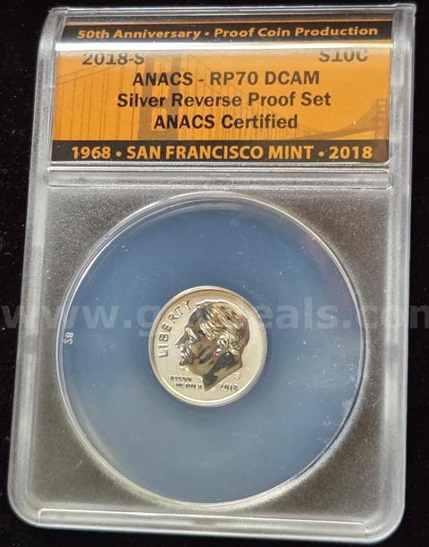 2018-S Silver Reverse Proof Roosevelt Dime | ANACS RP70 DCAM| 50th Anniversary Production.