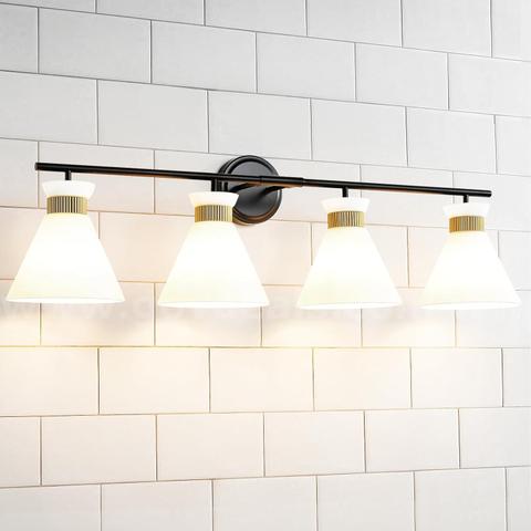 Brand New - 4-Light Modern Vanity Lights for Bathroom Black and Gold Wall Sconce Lighting with Frosted Milky Glass