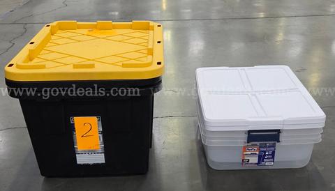 Lot of (4) Plastic Storage Totes - (2) Heavy Duty & (2) Clear Hefty Latching Totes