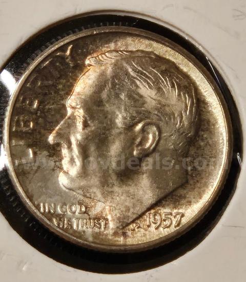 1957 Roosevelt Silver Dime (90% Silver) Featuring Excellent Eye Appeal and Strong Reflective Luster Reverse Tonning.