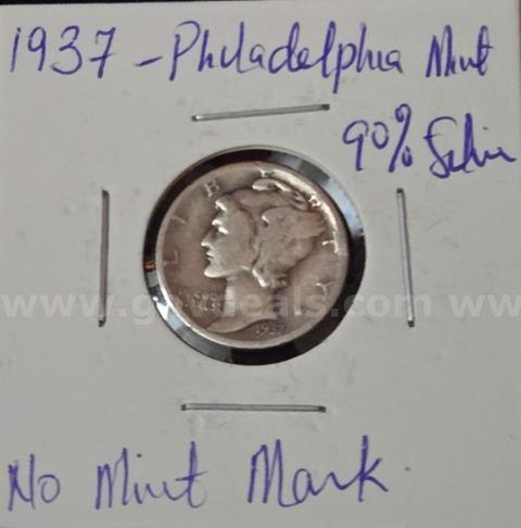1937 Mercury Dime | 90% Silver | Philadelphia, no mint mark | Solid Collector Grade.