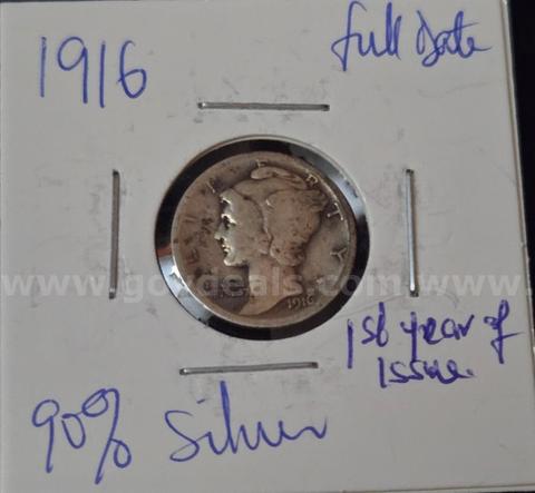 1916 Mercury Dime | 90% Silver | Philadelphia Mint (No Mint Mark) | First Year of Issue