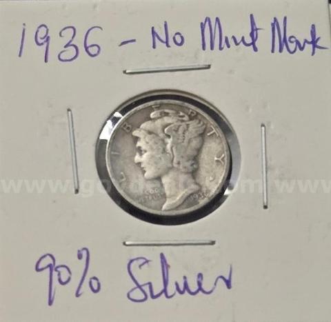 1936 Mercury Dime| 90% Silver | Philadelphia Mint (No Mint Mark)| A solid addition for building a Mercury dime set.
