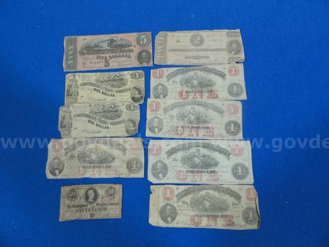 Lot of 10 Confederate States of America Civil War Notes
