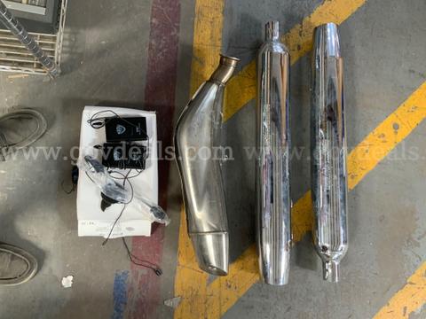 Harley Davidson exhaust pipes, microphone and ear head set , and 2 speakers