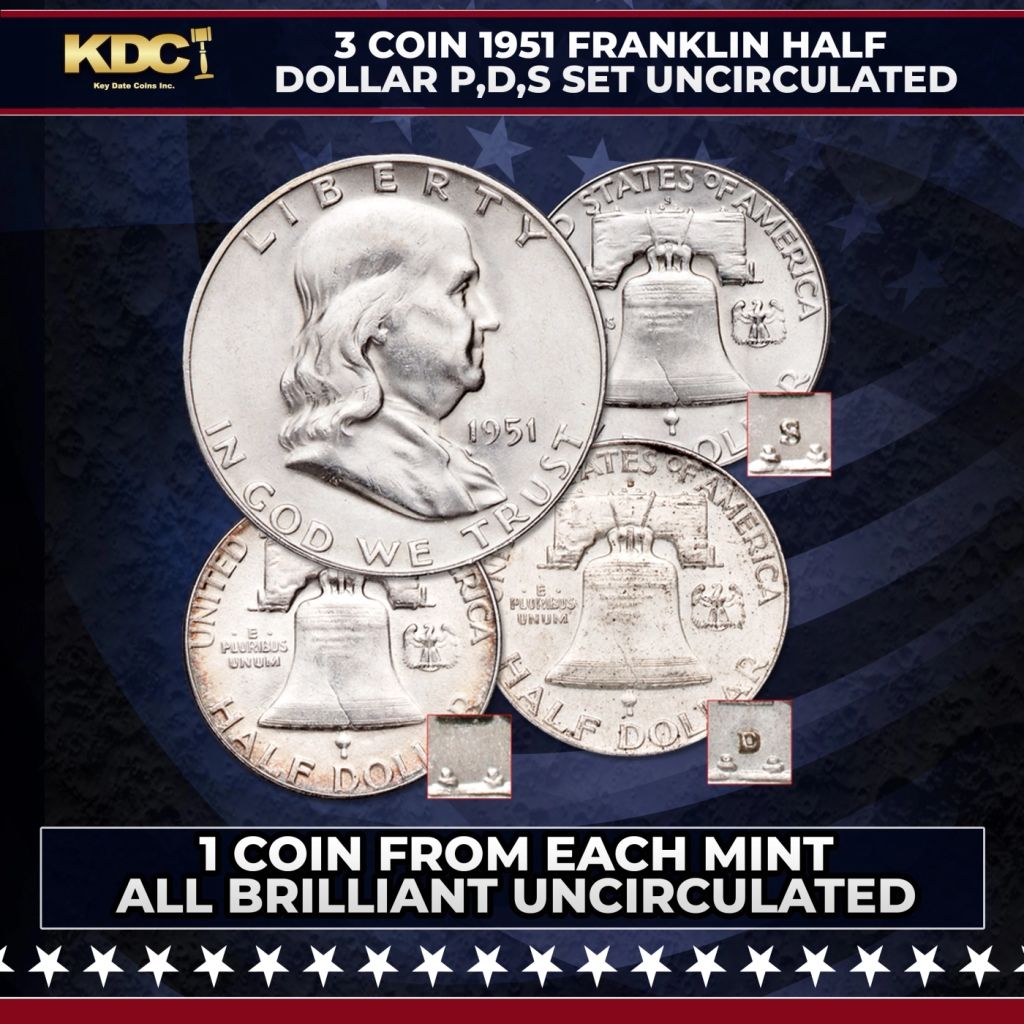 3 Coin 1951 Franklin Half Dollar P,D,S Set Uncirculated - photo 1