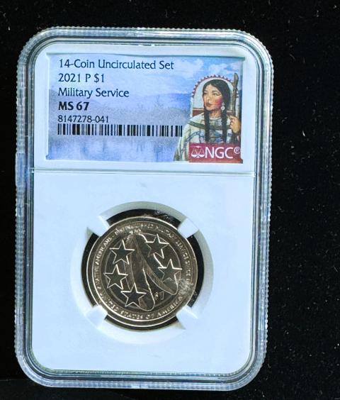 2021-P GOLDEN SACAGAWEA $1, NGC GRADED MILITARY SERVICE MS-67, IN THE SLAB