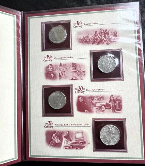 18TH, 19TH, 20TH, 21ST CENTURY SILVER $1 DOLLAR QUALITY GEM 4 COIN COLLECTION SET, IN REAL NICE POSTAL SOCIETY BOOKLET