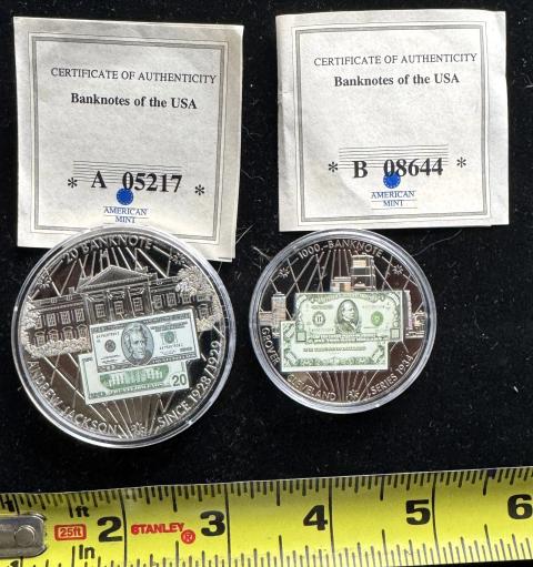 AMERICAN MINT 2 COINS BANKNOTES OF THE USA PROOFS, IN CAPSULES, COA