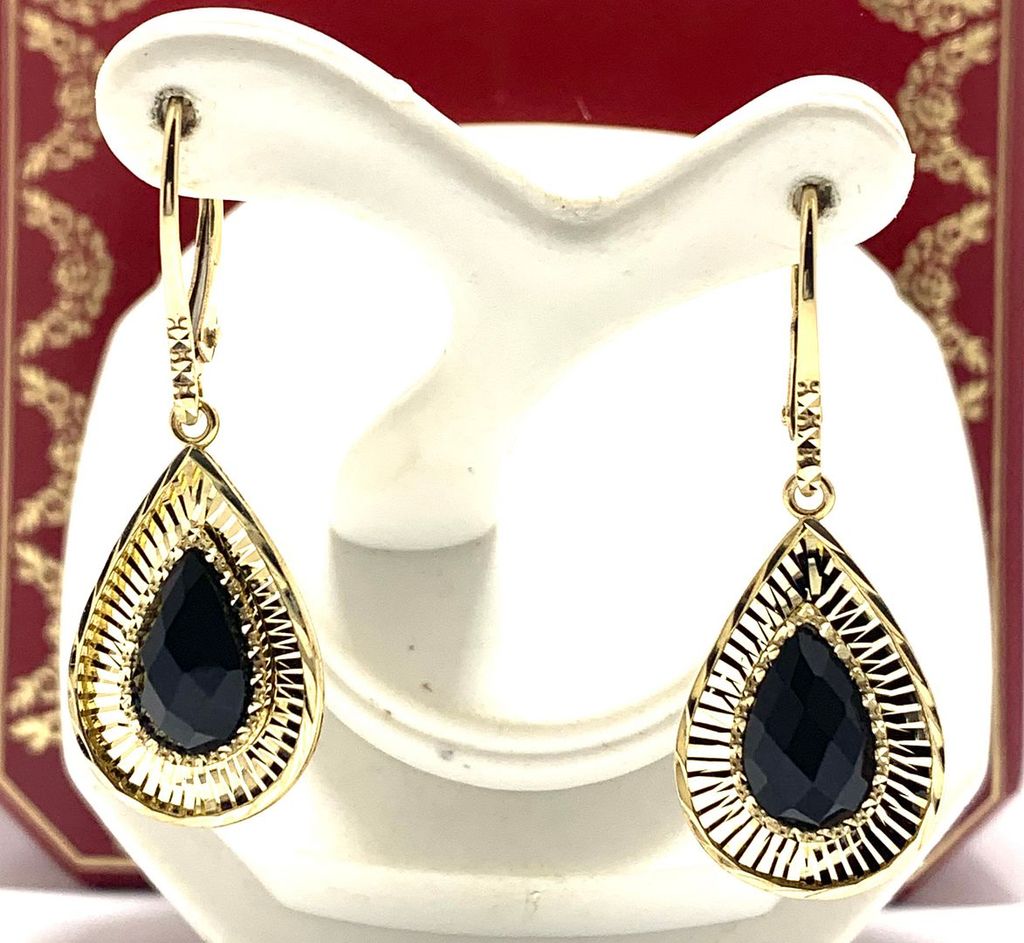 10k Yellow Gold Black Onyx Dangle Lever back Earrings ( Solid Gold, Natural Onyx ) - photo 1