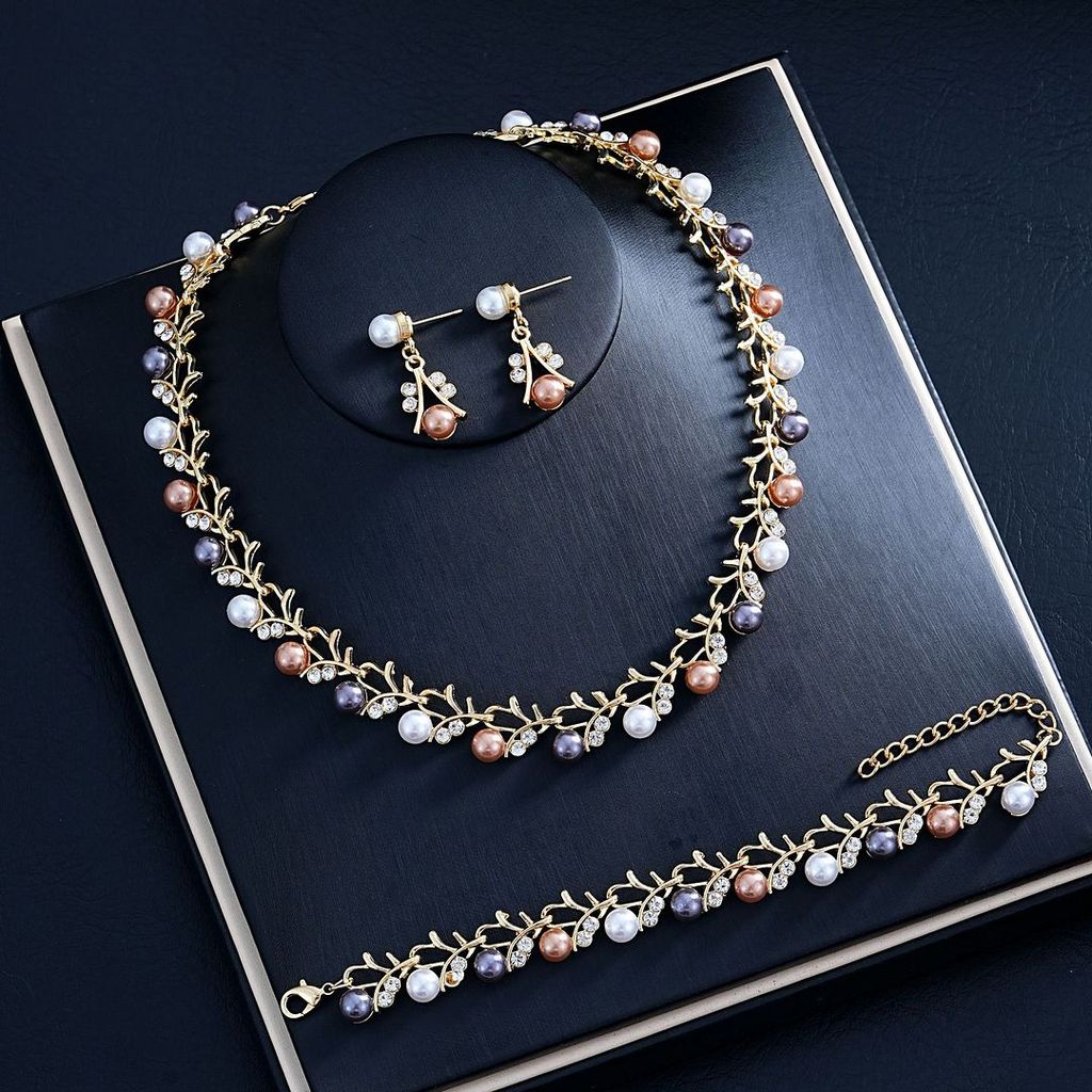 18K Gold Overlay 6mm Multicolor Pearls & Diamonique Diamond Necklace & Earrings Set - photo 1